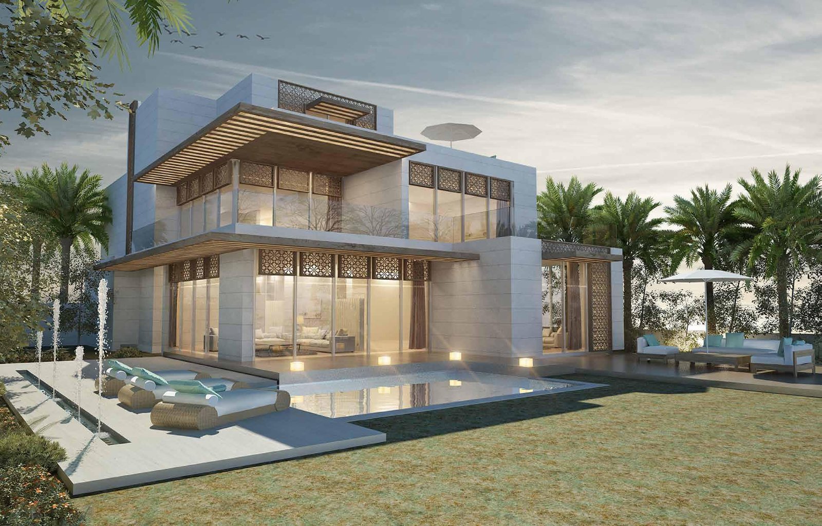 Modern beachfront villas at Nudra Saadiyat Island with infinity pools and contemporary architecture